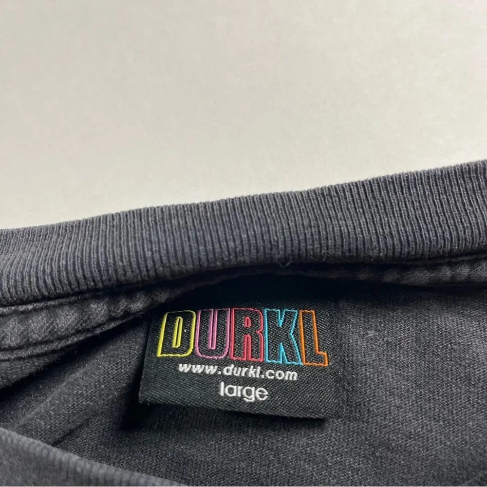 Durkl Faded Black Tee L Large with Rainbow Logo - Defunct Streetwear